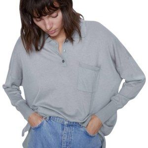 Zara Soft Green Grey Oversized Lightweight Polo Knit Sweater Pocket-Size Small